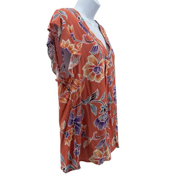 Rose & Thyme Floral Blouse WMNS M Orange Multi Flutter Sleeve V-Neck Lightweight - Picture 2 of 10